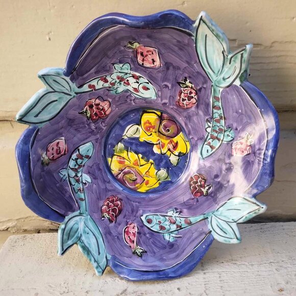 Whimsical Hand Painted Swimming Fish Ceramic Pedestal Dish by Kate & Ryan - Picture 1 of 8